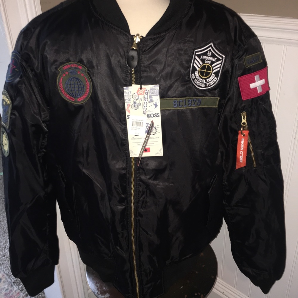 Black Patch Bomber Jacket with Swiss Flag Detail
